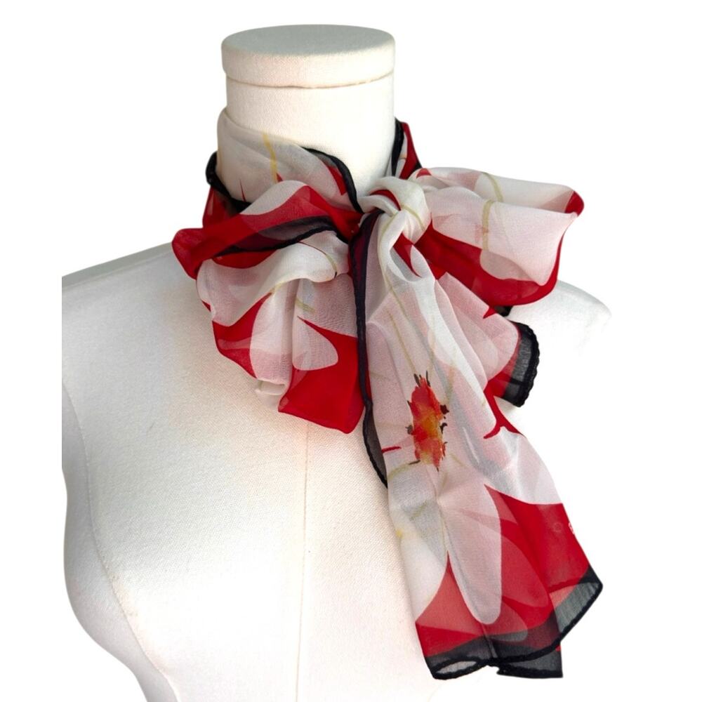 Echo Vintage Long Lightweight Flowy Scarf Red Blue White Floral Sheer Twee